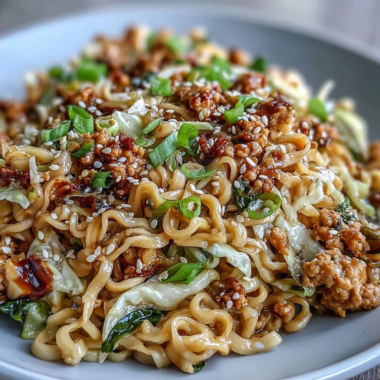 Close-up of Creamy Potsticker Noodle Stir-Fry in a skillet, glossy sauce coating ramen and scallions.