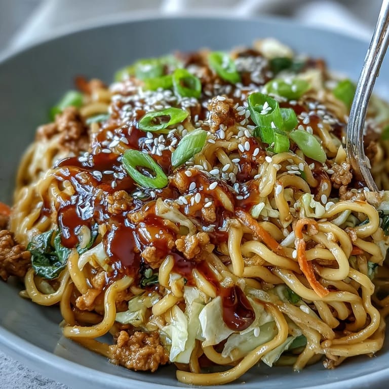 Serving suggestion for Creamy Potsticker Noodle Stir-Fry with chili crisp on the side for spicy heat.