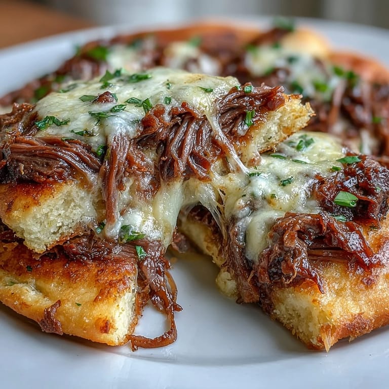 Savory slow cooker beef sits inside warm garlic naan, ready to be dipped into rich beef jus for a comforting dinner.