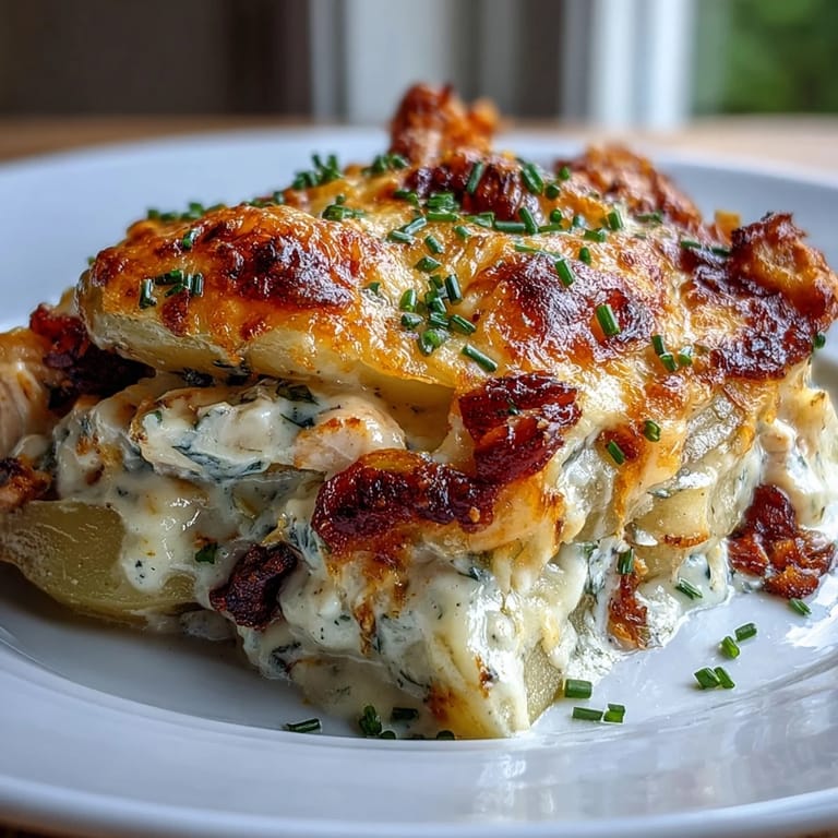Sliced Creamy Ranch Chicken Potato Bake served on a plate next to a crisp salad, perfect for a family dinner.