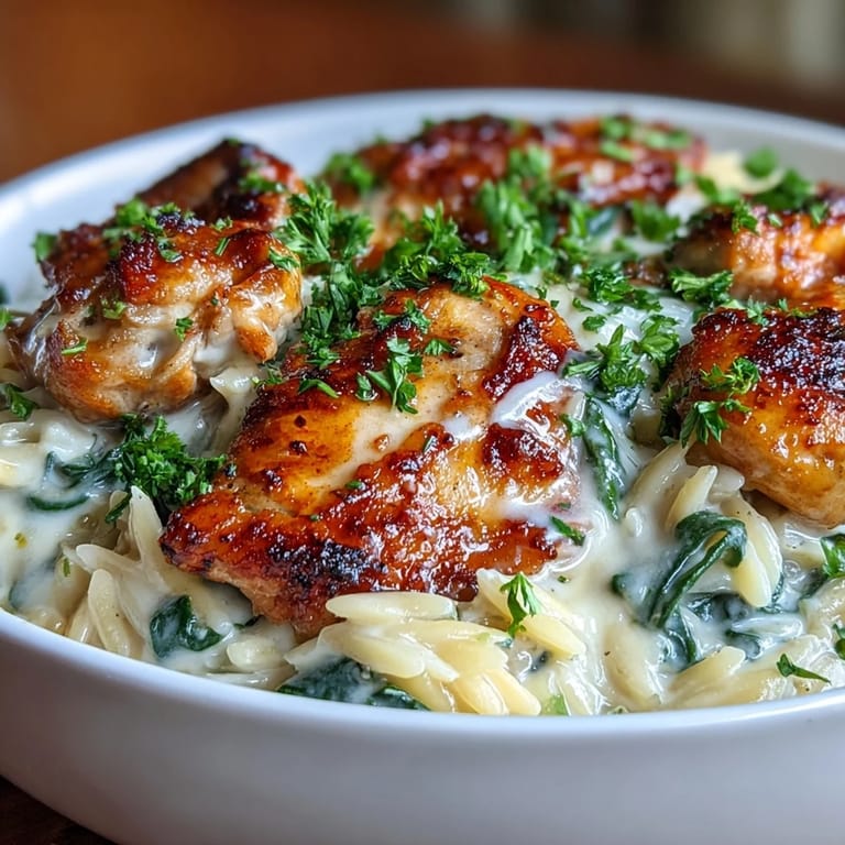 Tender chicken and creamy orzo with spinach in a One-Pot Creamy Garlic Parmesan Chicken Orzo skillet.