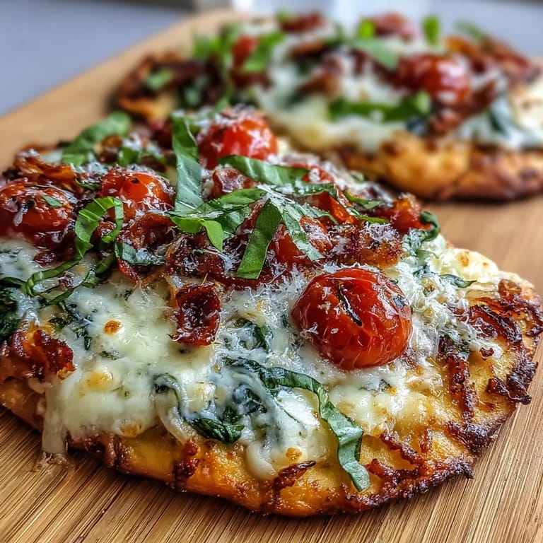 Melted mozzarella and Parmesan cheese on a crispy garlic naan crust, served with a side salad.