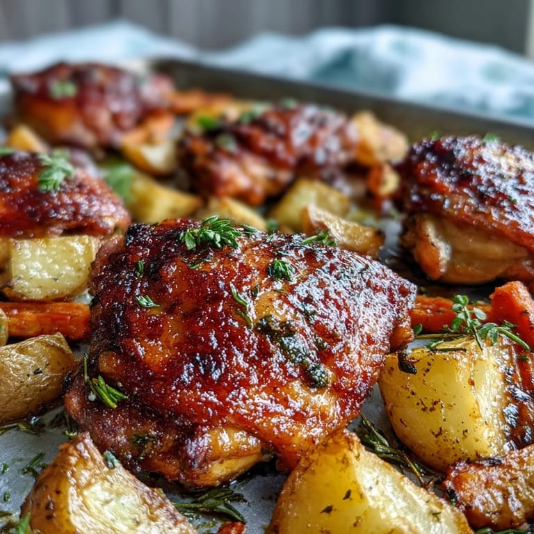 Craving Crispy Ranch Sheet Pan Chicken & Veggies, roasted carrots and potatoes mingle with savory, ranch-seasoned chicken thighs for a rustic dinner.