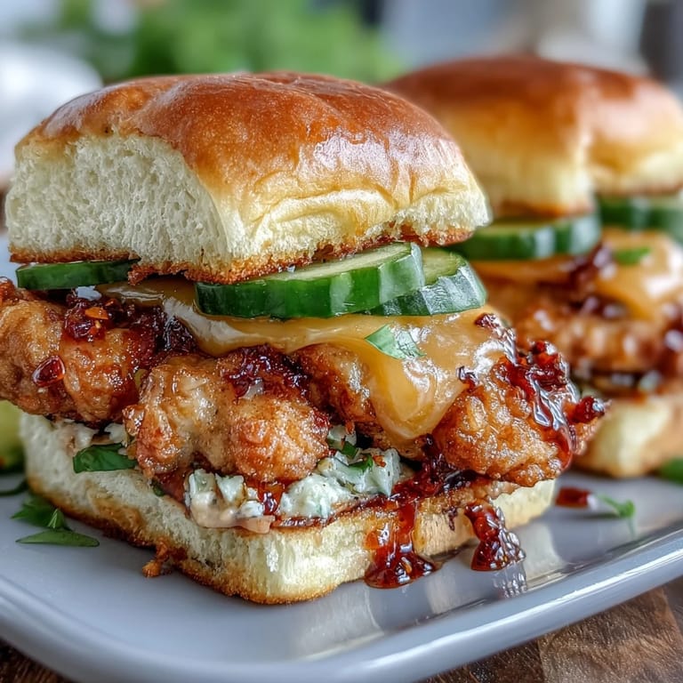 Crisp panko-breaded chicken smothered in hot honey butter and tucked into slider buns with pickles and cheddar, served warm as a crowd-pleasing game-day casserole.