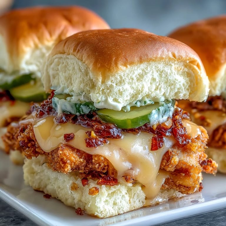 Freshly baked pull-apart sliders featuring spicy honey butter chicken, dill pickles, and melted cheese, presented in a greased 9x13 baking dish ready to serve.