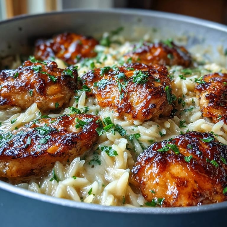 Sizzling chicken thighs simmer in a skillet with orzo, garlic, and Parmesan, creating a creamy weeknight dinner.