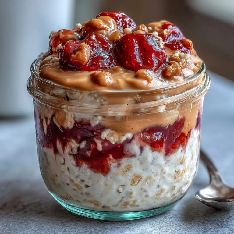 Sweet strawberry jam swirls through creamy vanilla oats and rich peanut butter layers in a glass jar.