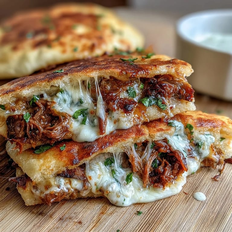 Shredded, slow-cooked beef and gooey cheese melt between warm, buttery garlic naan bread slices.