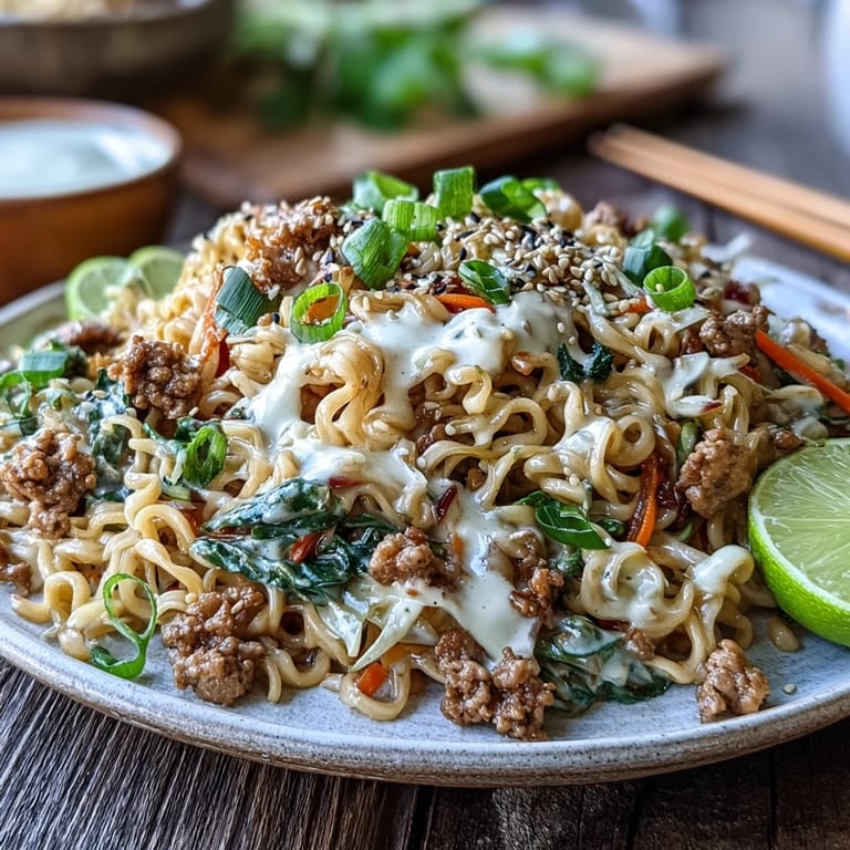 A close-up of Creamy Potsticker Noodle Stir-Fry, with tender turkey, crisp cabbage, and noodles coated in a glossy, savory sauce, ready to serve.