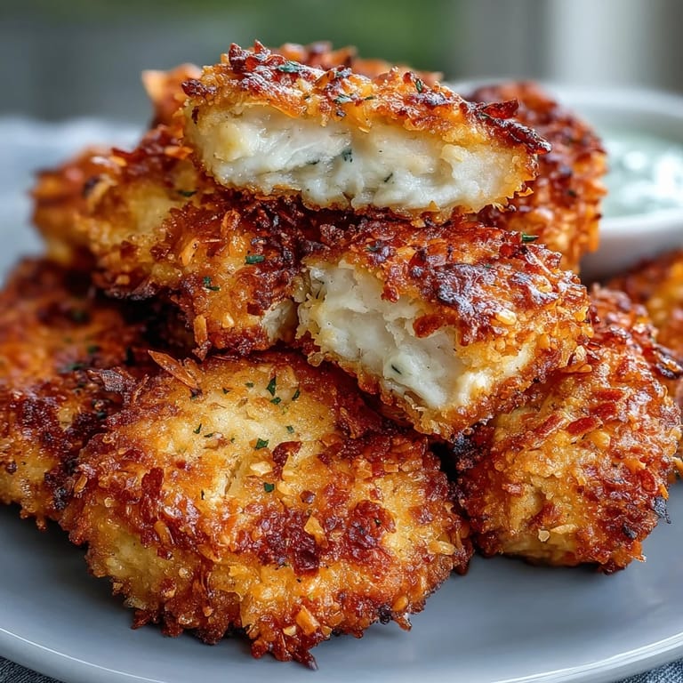 Asiago Panko Chicken Bites served warm with a side of creamy ranch dipping sauce.