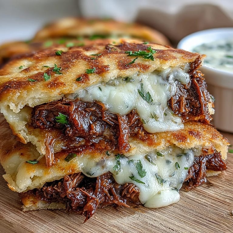 Slow Cooker Beef & Garlic Naan Melt is served hot with a savory dipping jus on the side.