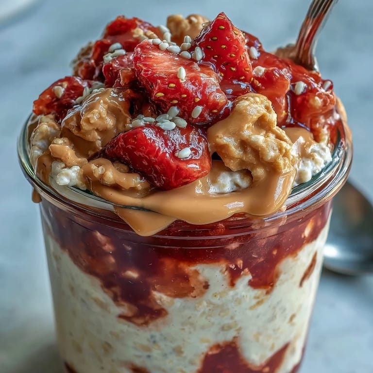 Fresh strawberry jam and oats layered with peanut butter for a high-protein breakfast in clear jars.