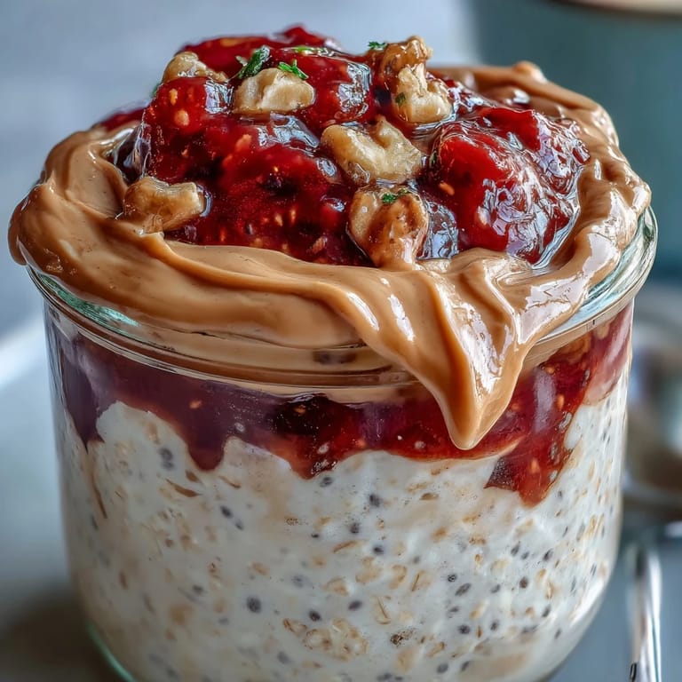 Sweet strawberry jam swirls through creamy vanilla oats and rich peanut butter layers in a glass jar.