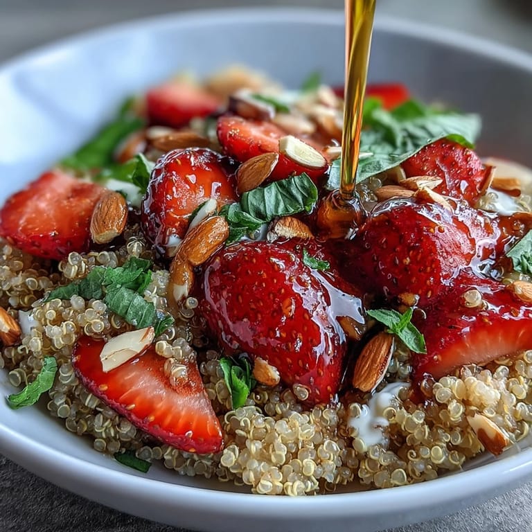 Vibrant vegan breakfast quinoa bowl featuring juicy strawberries, slivered almonds, chia seeds, and a drizzle of vegan honey for sweetness.