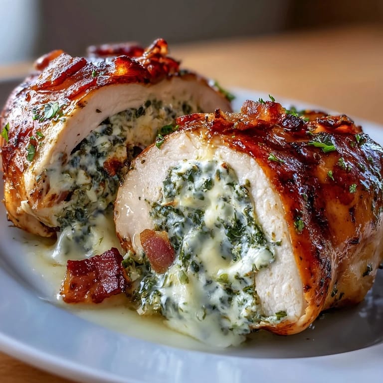 Garlic Butter Spinach and Bacon Stuffed Chicken Breasts - Tender chicken breasts stuffed with savory bacon, fresh spinach, and mozzarella, baked to golden perfection and finished with aromatic garlic butter.