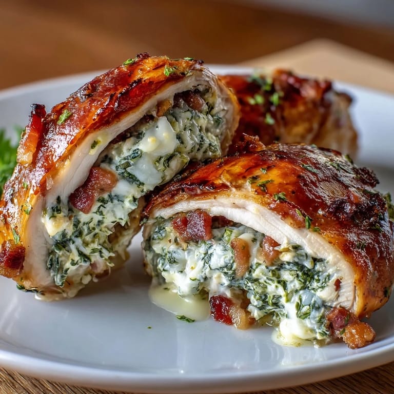 Stuffed Chicken Breasts with Bacon, Spinach, and Garlic Butter - Flavorful chicken breasts packed with cheesy spinach and bacon filling, baked until bubbly and topped with a luscious garlic butter sauce.