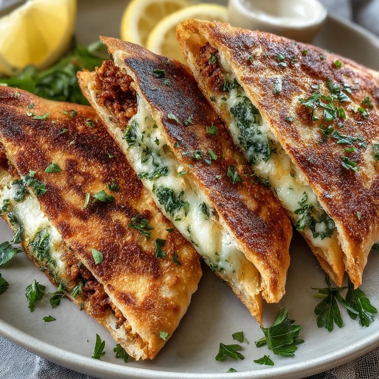 Savory Lebanese Arayes, pan-fried until crisp, filled with fragrant spiced meat and fresh parsley.