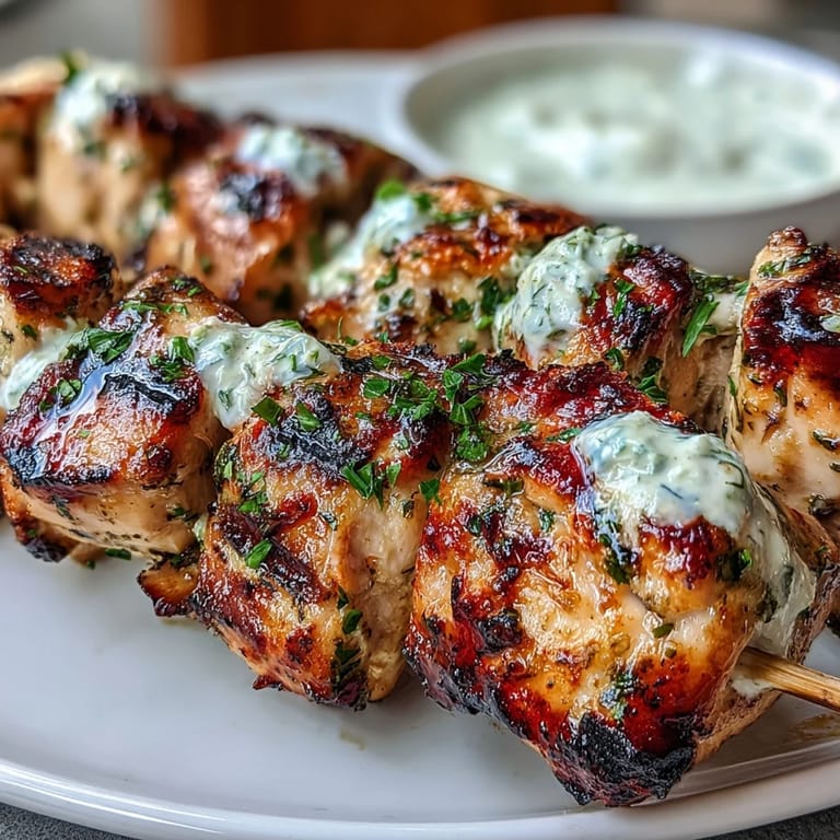 Freshly marinated chicken cubes threaded on skewers, bursting with lemon and herbs, paired with cool tzatziki for a Mediterranean meal.  