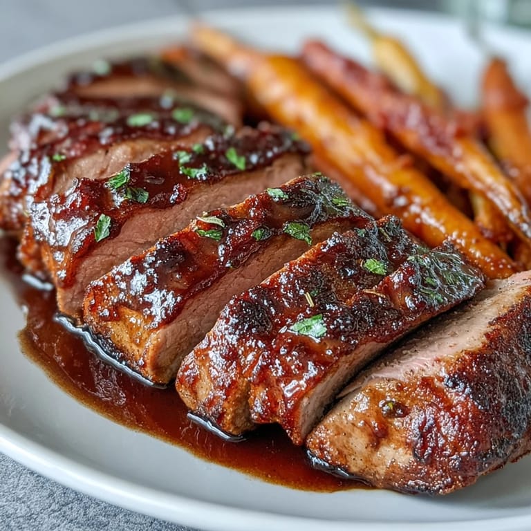 Succulent honey-balsamic glazed pork tenderloin paired with tender rainbow carrots, creating a vibrant and flavorful sheet pan dinner.