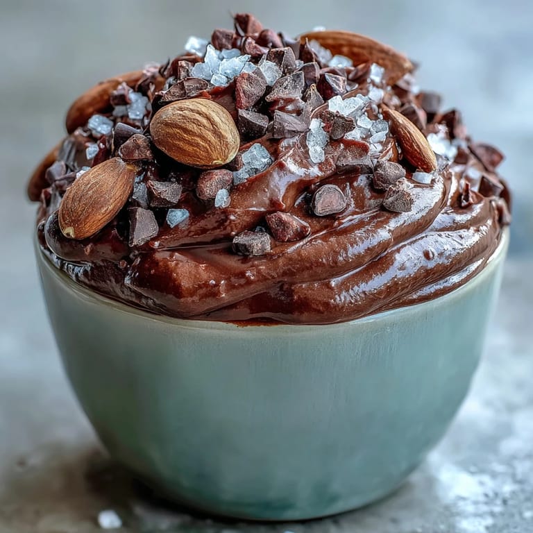 Velvety vegan chocolate mousse cups garnished with roasted almond cacao nib topping and a sprinkle of flaky sea salt.