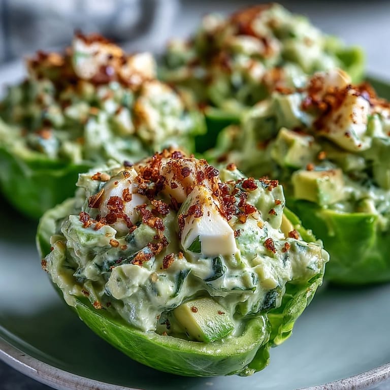 Creamy avocado and hard-boiled egg salad served in crisp lettuce leaves with everything bagel seasoning topping.