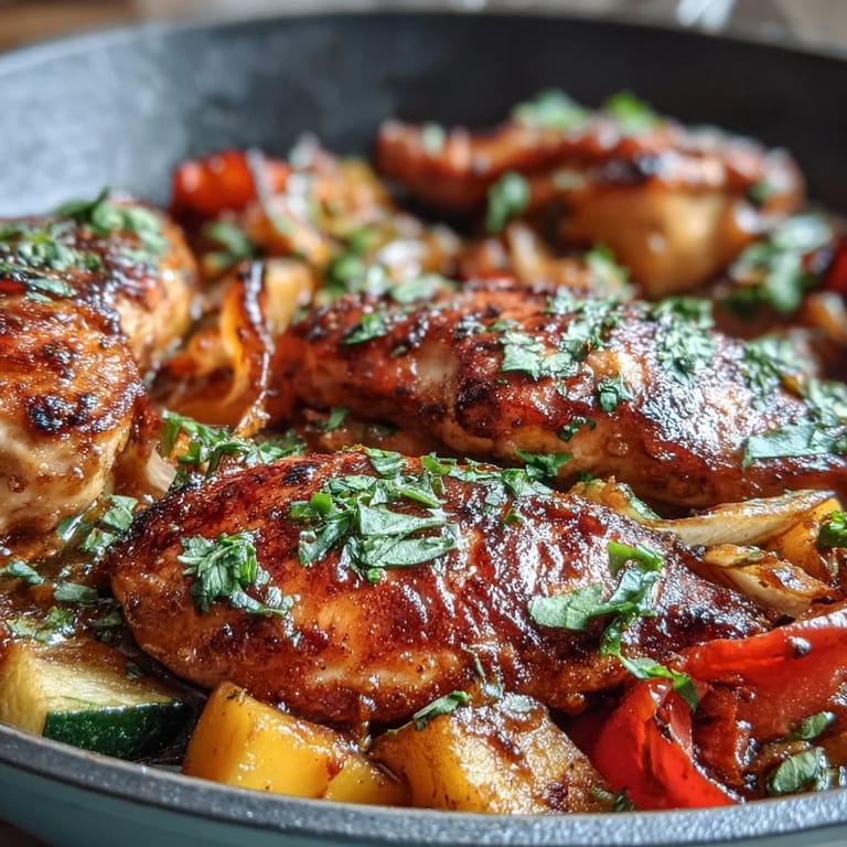 Healthy summer dinner featuring tender chicken breasts, ripe mango chunks, and a medley of peppers and zucchini baked to perfection.