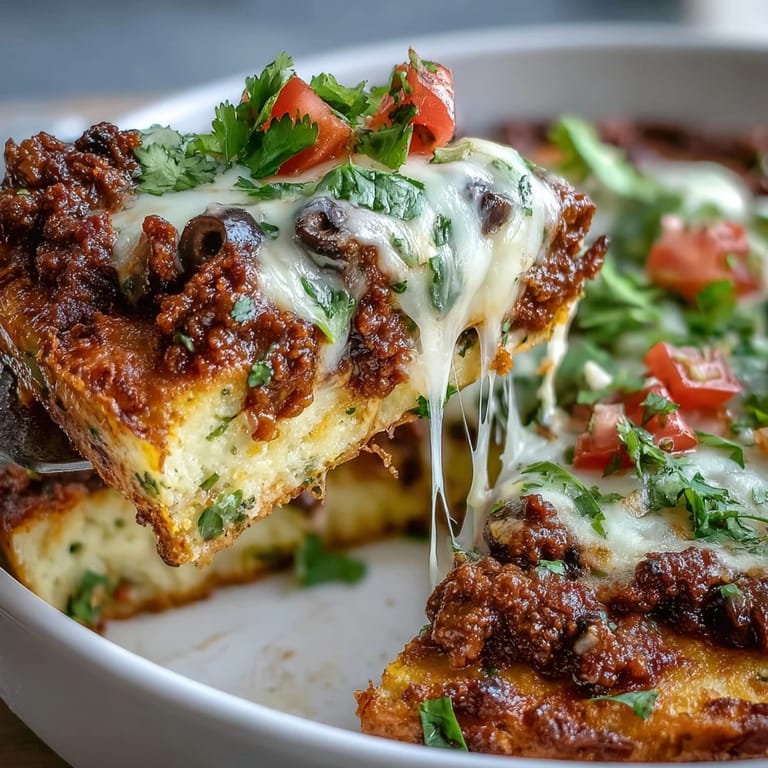 2. Low-carb taco skillet featuring cauliflower crust, savory beef filling, and gooey cheese, topped with fresh tomatoes.  