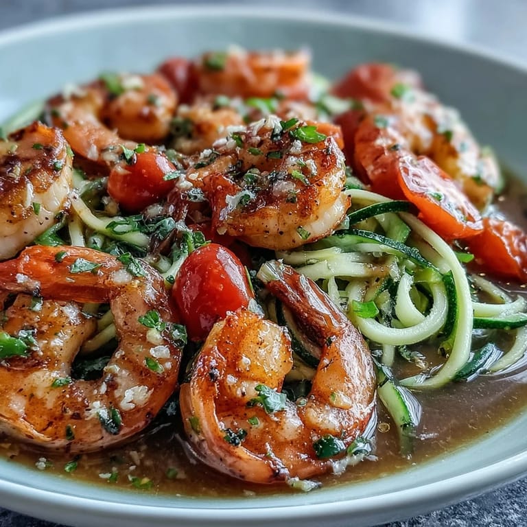 Quick and healthy shrimp and zucchini noodle dish served in a zesty lemon-garlic broth, perfect for a light and satisfying dinner.