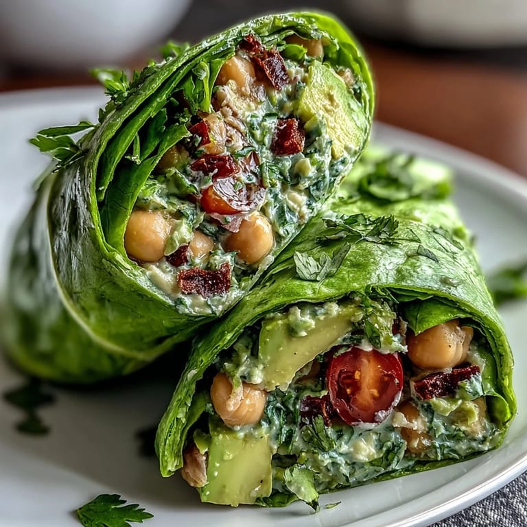 Colorful chickpea avocado salad wraps with fresh herbs and lemon dressing, served in crisp lettuce shells for a satisfying bite.