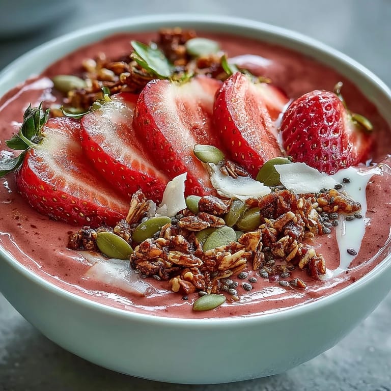 Vibrant strawberry smoothie bowl packed with protein, featuring hidden cauliflower cream, fresh fruit, crunchy granola, and coconut flakes.