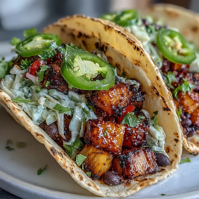 Colorful plant-based tacos filled with sweet pineapple, hearty black beans, and crunchy coconut lime slaw—fresh and satisfying.