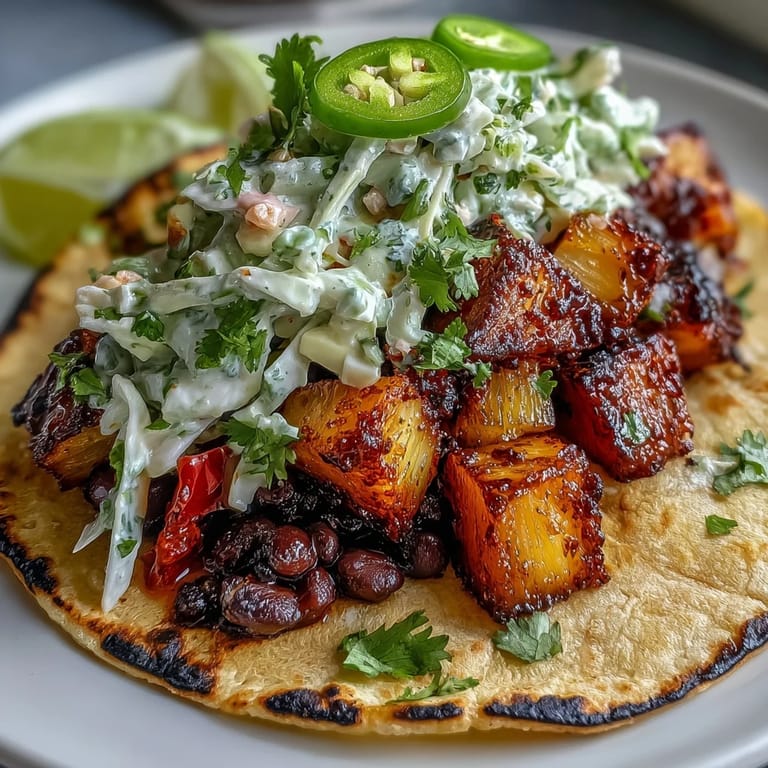 Delicious vegan tacos loaded with zesty pineapple, savory black beans, and refreshing coconut lime slaw—a tropical feast.