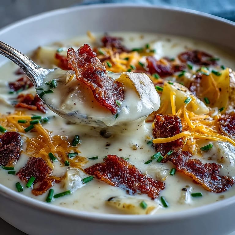 Rich and velvety baked potato soup loaded with tender russet potatoes, smoky bacon, and sharp cheddar cheese.  