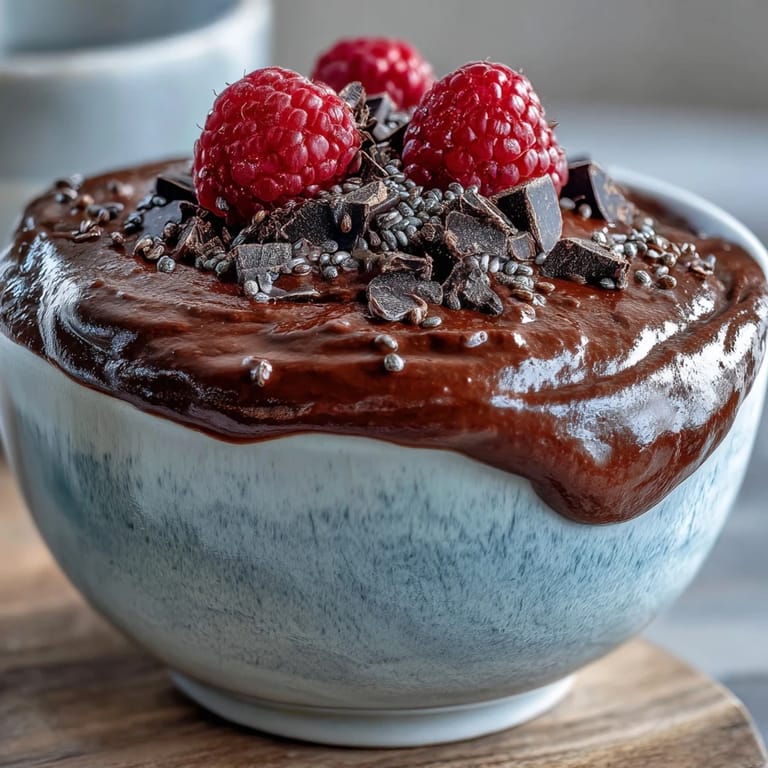 Velvety cottage cheese chocolate mousse with cocoa and chia seeds, chilled to perfection for a guilt-free dessert.  