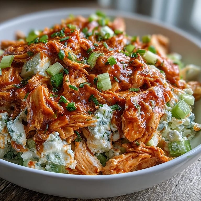 Spicy buffalo chicken salad with cottage cheese, tender chicken, and ranch dressing, served with crackers or crudités.