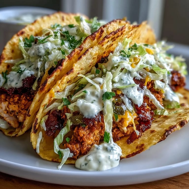 Flavorful ground chicken tacos with dill pickle and ranch seasoning, served on crispy cheese-crusted tortillas and garnished with fresh cabbage for a satisfying crunch.