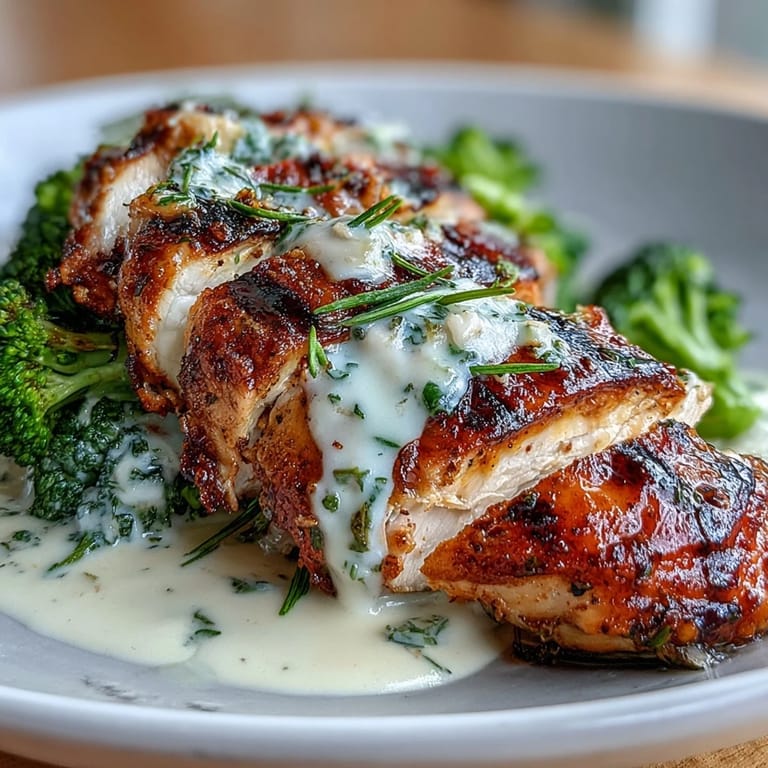 Juicy grilled chicken breasts served over tender broccoli florets with rich, velvety garlic cream sauce.  