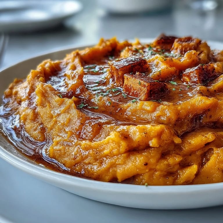 Warm mashed yams blended with butter, cinnamon, and brown sugar, perfect for Thanksgiving or family dinners.  