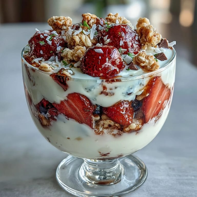 A vibrant strawberry yogurt parfait spread featuring fresh fruit, honey drizzle, and crunchy almond toppings.