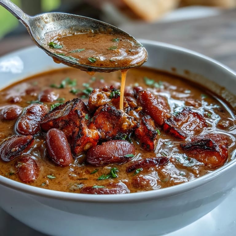 Creamy ham and red bean soup with vibrant vegetables, simmered to perfection and garnished with fresh parsley and green onions.