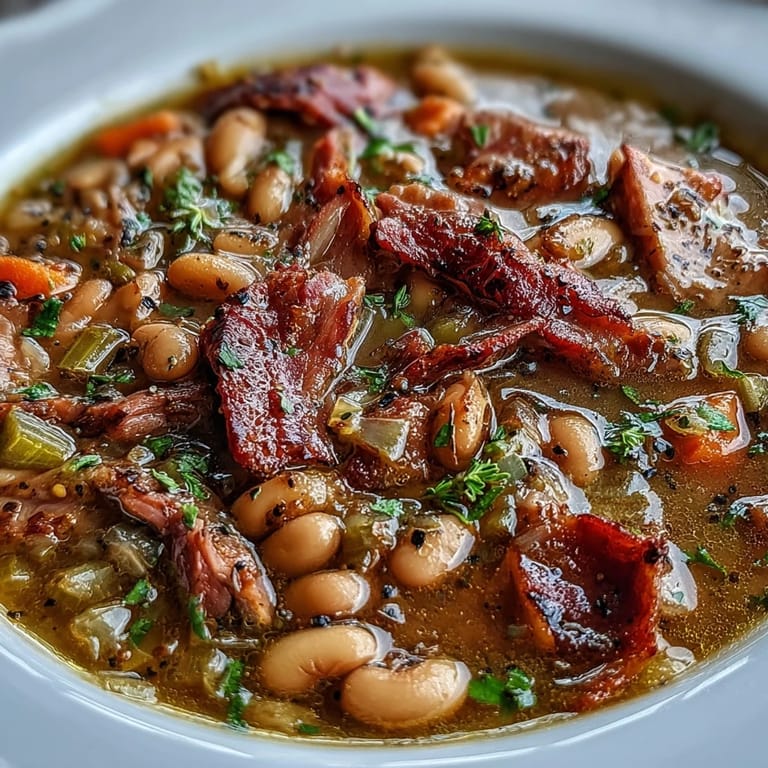 Hearty ham bone bean soup featuring rich broth, smoky paprika, and chunks of tender ham for ultimate comfort.