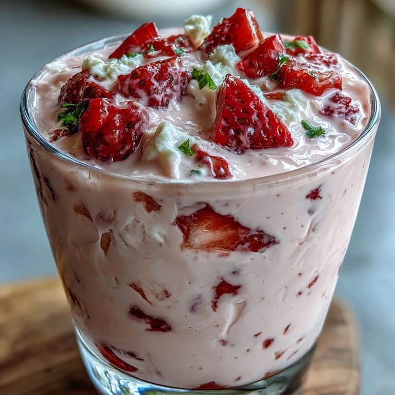 Velvety strawberry smoothie blended with cottage cheese, milk, and chia seeds for a thick, nutrient-rich drink.