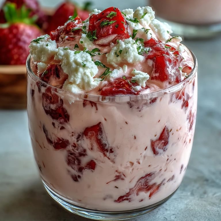 Refreshing cottage cheese strawberry smoothie topped with extra berries and granola, perfect for a healthy breakfast or snack.