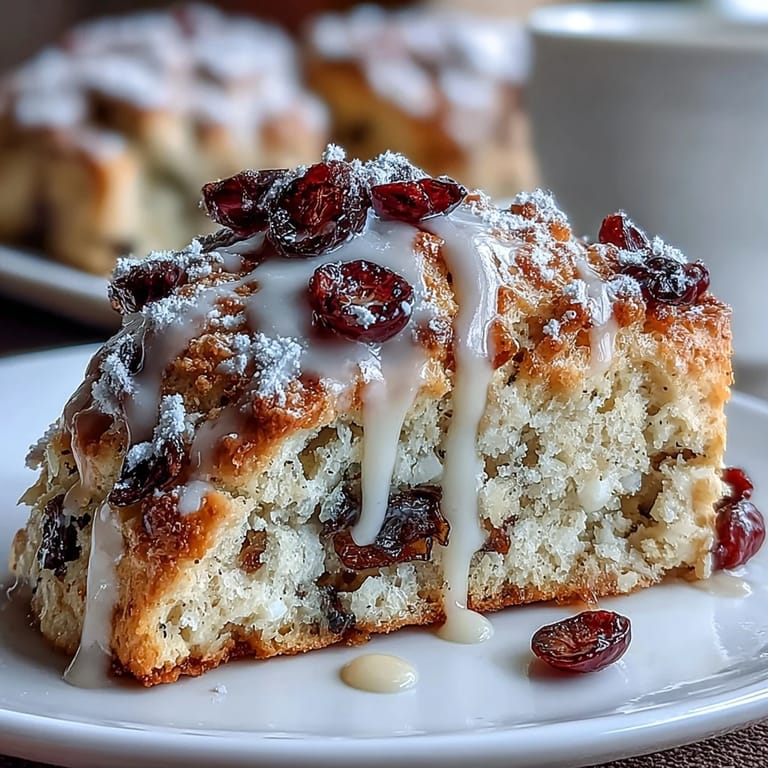 A stack of warm, crumbly scones with vibrant orange zest and ruby cranberries, drizzled with citrus glaze for extra sweetness.
