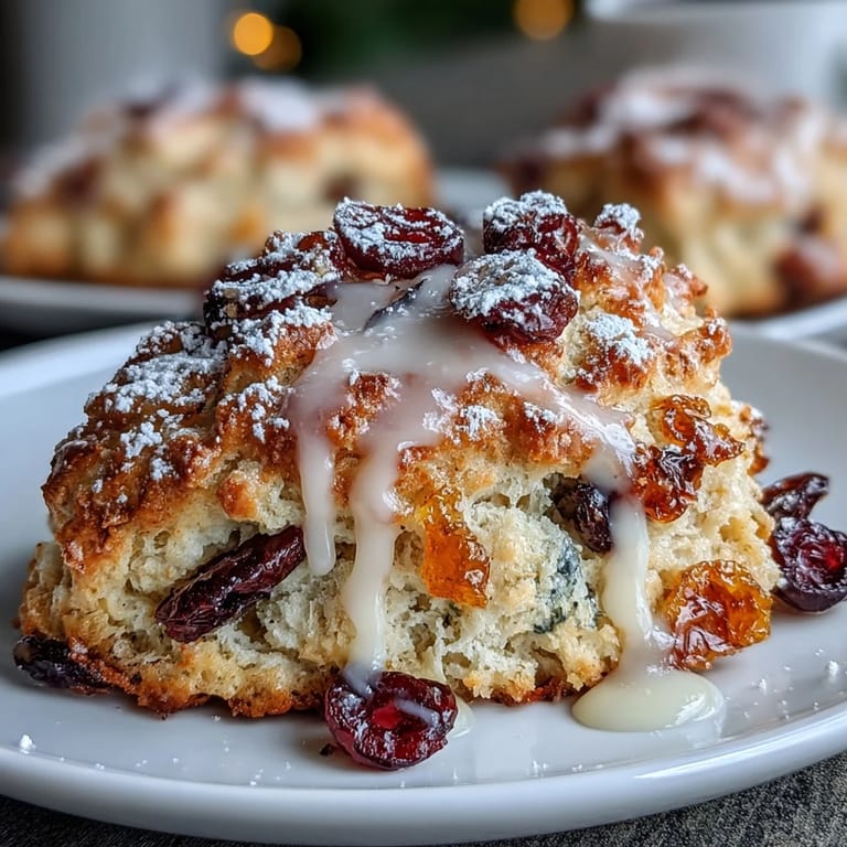 Buttery, tender scones generously filled with sweet candied orange and tart cranberries, freshly baked to golden perfection.  