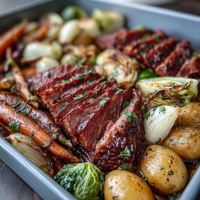 Tender corned beef slices nestled among roasted cabbage wedges, baby potatoes, and carrots on a single sheet pan.  