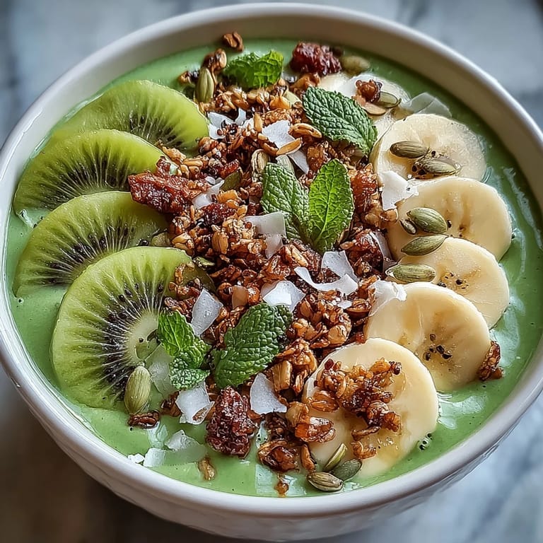 A creamy smoothie bowl blending spinach, kiwi, and banana, garnished with crunchy granola, seeds, and mint for a refreshing snack.