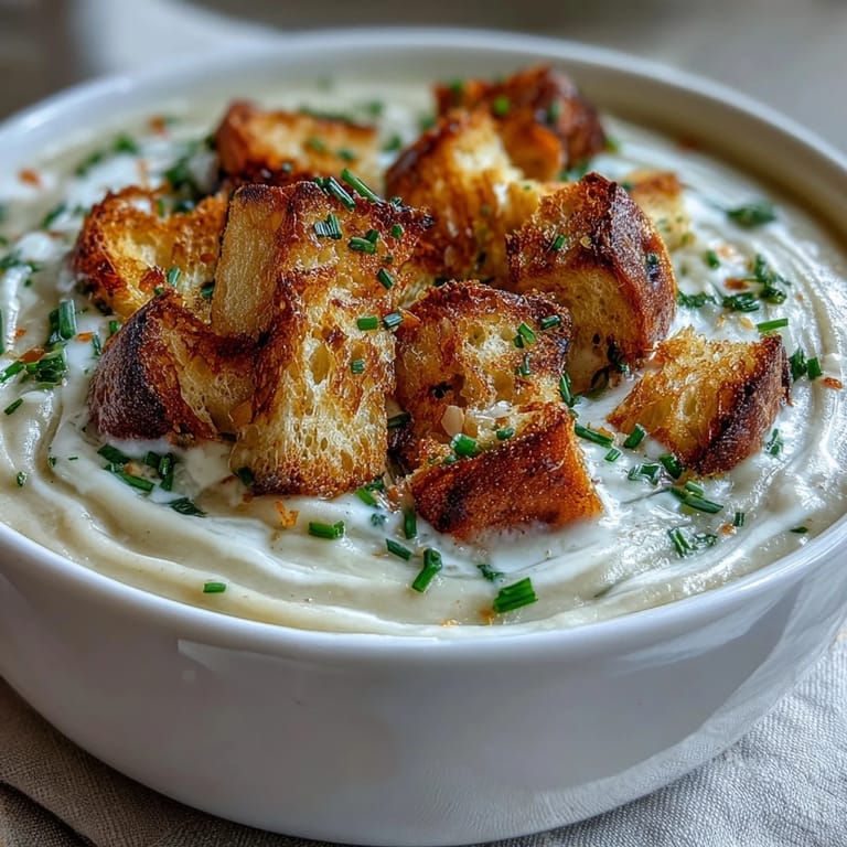 Velvety leek and potato soup topped with crispy sourdough croutons, perfect for a cozy vegetarian meal.  