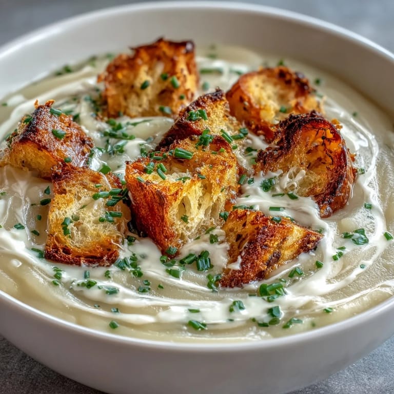 Rich and creamy soup with tender leeks and potatoes, finished with crunchy sourdough croutons for texture.