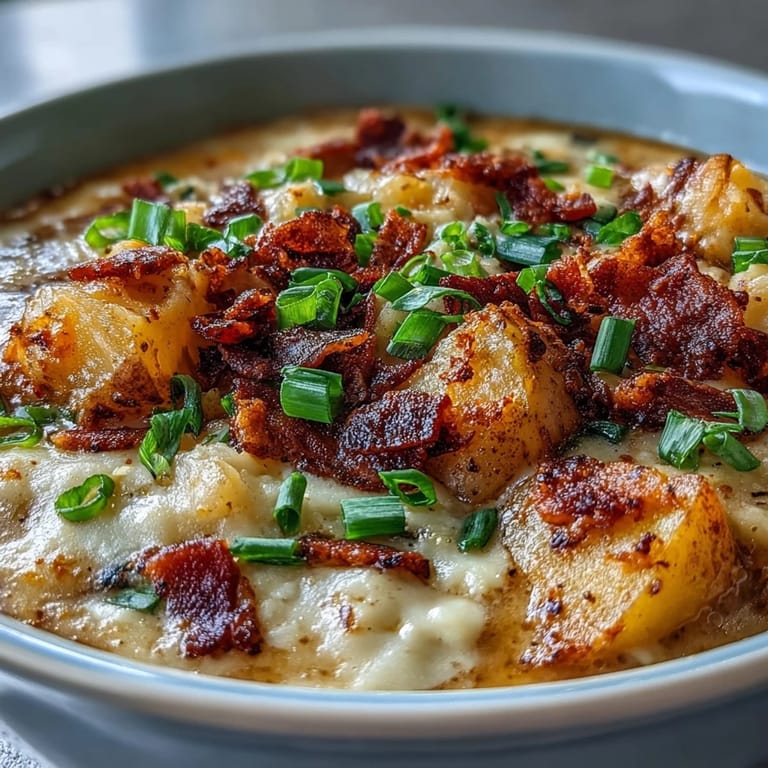 Velvety potato soup with smoky bacon, sharp cheddar, and green onions, perfect for St. Patrick's Day.